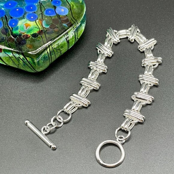 Sterling Silver 925 Double Bar Crosshatch Chain Bracelet #1175 - Picture 5 of 5